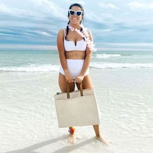 Custom Bridal Gift Party Reusable Women's Outer Pocket Leather Handle <b>Large</b> Canvas Tote Bag Luxury - Product Image 5