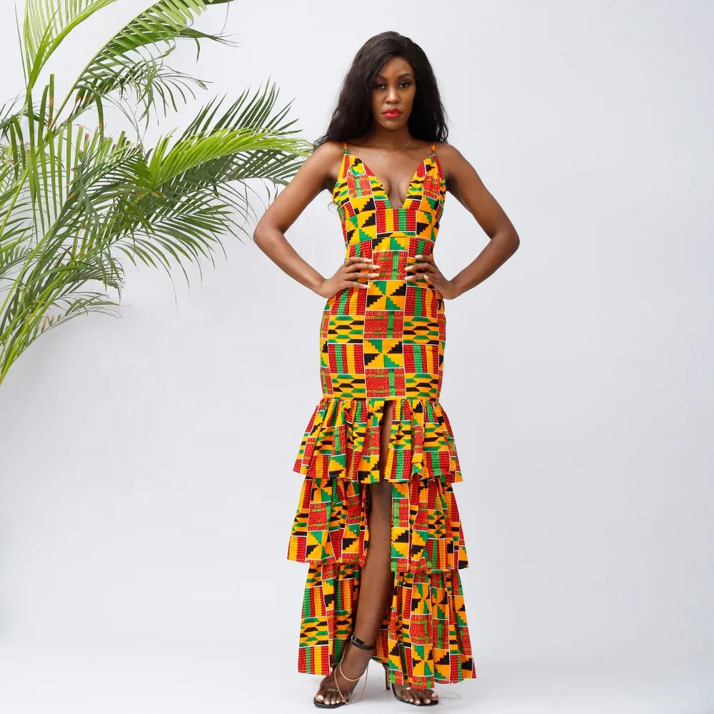 Hot Sell Sleeveless Sexy Kente Design Ladies Party Evening Dress Africa Wax Print Casual African Dress For Women Clothing