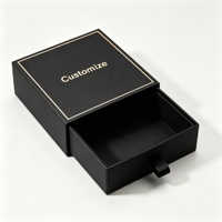 Boîte à tiroir noire de luxe avec logo personnalisé, estampage à chaud doré, boîte cadeau rigide en carton avec ruban de tirage pour bijoux