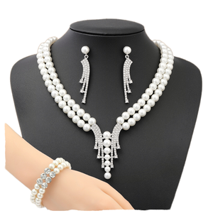 Conjunto de Joyería Moderno de Collar y Pendientes de Aleación Plateada con Perlas y Formas Geométricas, Diseño de Capas y Colores de Moda, Regalo para Mujer - Product Image 1