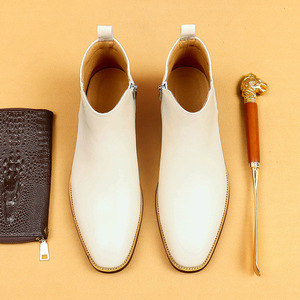 รองเท้าหนังผู้ชายทรงแหลมของเชลซี ทรงสูง สไตล์อังกฤษ รองเท้าบูทสั้นแบบลำลองสำหรับธุรกิจ สีขาว - Product Image 6