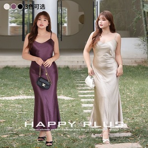 Vestido de satén champán con efecto acetato, cuello en V, corte diagonal, talla grande 9212, cintura natural, tirantes finos, color liso para mujer - Product Image 4