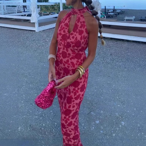Robe longue à imprimé floral, col halter, taille naturelle, dos nu, respirante, robe de soirée - Product Image 1