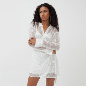 Vestido de malla con lentejuelas, cuello en V, manga larga, falda corta con lazo, elegante y holgado para la noche - Product Image 3