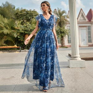 Custom evening <b>dress</b>, <b>thin</b> shoulder <b>straps</b>, V-neck printed tulle ruffled fairy <b>dress</b>, long elegant graduation season skirt - Product Image 6