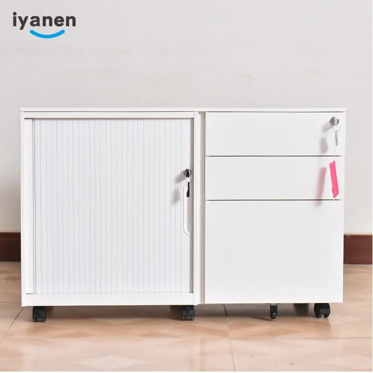 IYANEN customized white 3 drawers FC A4 office file storage mobile pedestal filing cabinet with sliding door shelf cabinet