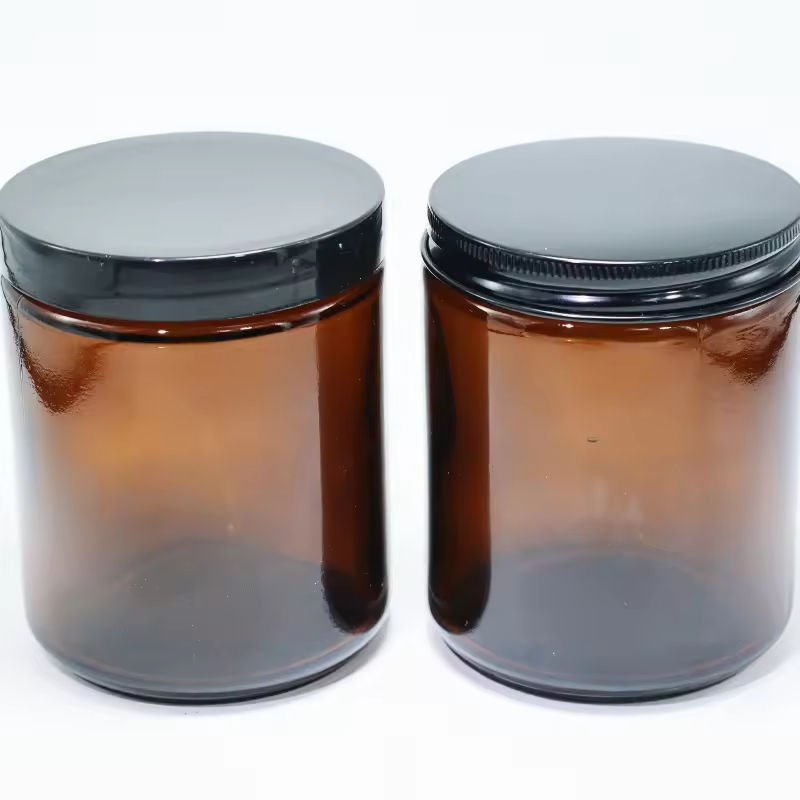 amber jar with black plastic cover