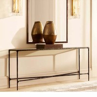 Table console élégante et moderne avec plateau en verre, cadre en métal forgé à la main bronze antique, traverse en X pour entrée, ancrage domestique, personnalisable OEM