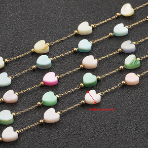Chaîne de perles en forme de cœur au mètre, en acier inoxydable plaqué or PVD 18 carats, avec stations en nacre, pour la fabrication de bijoux DIY - Product Image 3