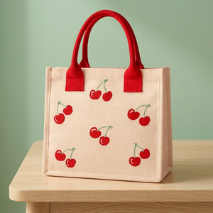 Cherry Embroidered Cotton Tote <b>Bag</b> Rope Handle Zipper Student Messenger <b>Bag</b> for <b>School</b> Travel Daily Use - Product Image 1