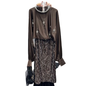 Europäisch-amerikanischer Stil Rundhals-Organza-Kristallbluse + Sorgfältig Gefertigtes Französisches Vintage-Kleid mit Hoher Taille - Product Image 1