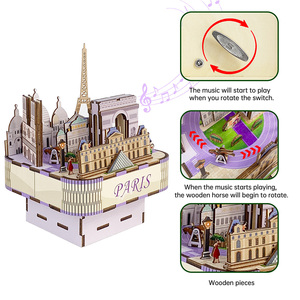 Boîte à musique en bois <span class=keywords><strong>3D</strong></span> à monter soi-même, modèle de la silhouette de Paris avec carrousel rotatif, jouets mécaniques à manivelle pour adultes et enfants, cadeau - Product Image 4