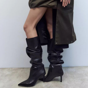 <span class=keywords><strong>Botas</strong></span> largas para <span class=keywords><strong>mujer</strong></span>, zapatos plisados a la moda, <span class=keywords><strong>botas</strong></span> hasta la rodilla de tacón alto para fiesta de cuero de microfibra con punta cuadrada para Otoño e Invierno - Product Image 2