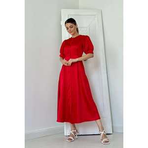 Robe en satin rouge en gros avec fermeture à boutons et motif imprimé élégant et décoratif - Product Image 4