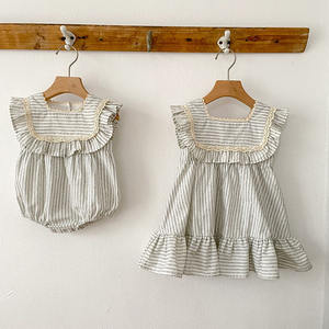 Modische Babykleidung für Mädchen, gestreiftes Spitzenkleid, Sommer, neuer Baby-Strampler, passendes Outfit für Schwestern, Prinzessinnenkleider - Product Image 4
