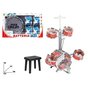 Batterie de jazz jouet pour enfant, instrument de musique rouge avec étoiles, kit de batterie 5 pièces avec tabouret et baguettes - Product Image 1