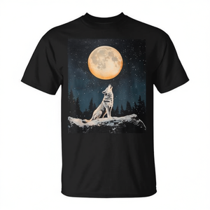 T-shirt graphique Wolf Moon Starry Night pour hommes, noir, col rond, manches courtes, impression numérique - Product Image 3