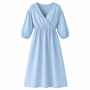 Fournisseur de haute qualité de robes décontractées, robe en lin bleu à col en V et manches bouffantes pour filles, robe élégante pour femmes - Product Image 4