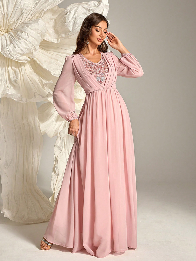 chinese dress ladies PLEATED CHIFFON LONG SLEEVE TEA LENGTH GOWN CDCD242S