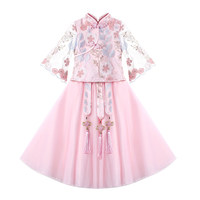 Robe Hanfu de printemps pour filles, style chinois, motif floral, coupe trapèze, costume de spectacle, vêtements pour enfants, danse, fête d'anniversaire