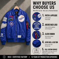 Blouson Bomber Personnalisé Bleu Royal 460 g/m² en Satin avec Écussons Multiples, Logo Arqué sur le Devant, Bordure en Tricot Côtelé, Style Universitaire Streetwear OEM ODM
