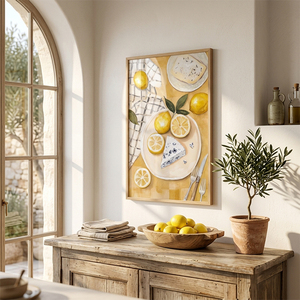 Impression sur toile « Nature morte au citron et au fromage », Art mural pour cuisine de ferme, Peinture décorative sur le thème de la nourriture pour salle à manger - Product Image 1
