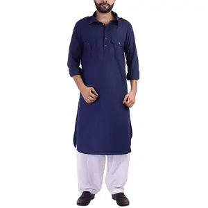 2023 100% Men's Casual Islamic Style Indian Kurta Customized Dark Blue Arabian Robe