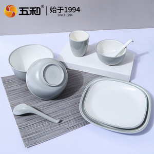 Wuhe <b>Melamine</b> Dinnerware Set Grey Round <b>Bowl</b> Plate Cup Spoon For Hotel Restaurant Use - Product Image 2