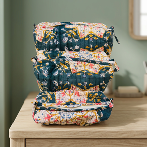 Juego de Bolsas Cosméticas de Algodón Acolchado con Estampado Artesanal Indio, Bolsa de Maquillaje Floral Verde Oscuro al por Mayor - Product Image 2
