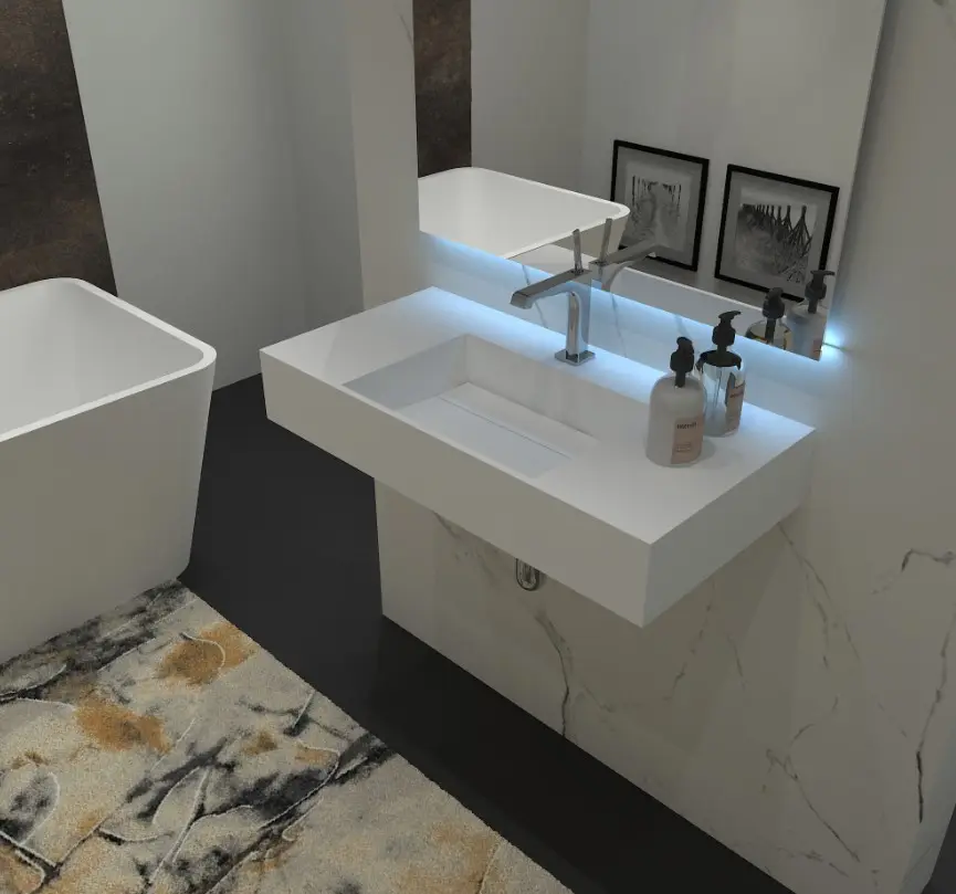 Fanwin acrylique blanc solide Surface rectangulaire salle de bains mur suspendu évier lavage moderne 3 ans Support technique en ligne CN;GUA