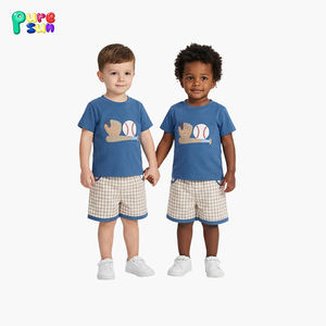 퓨어선 남아 의류 세트 캐주얼 만화 반팔 야구 아플리케 100% 면 맞춤 로고 - Product Image 1