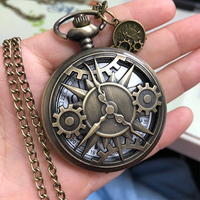 Jam tangan saku Vintage liontin roda gigi berongga antik Steampunk dengan Gadget Romawi kecil & rantai kalung untuk hadiah promosi