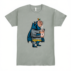 Capyman <strong>T</strong>-<strong>Shirt</strong> Gray Cotton Unisex Adult Size Medium <strong>Batman</strong> Style Capybara Design Coffee Cup Bird On Head Graphic Print - Product Image 2