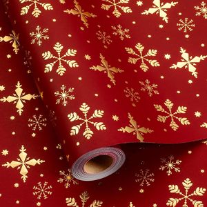 Red Christmas Wrapping Paper Roll 17in x 32.8ft Gold Foil Snowflakes Gift <b>Wrap</b> for Holiday Crafting - Product Image 1