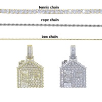 Collier Hip Hop Iced Out pour Femme et Homme avec Grand Pendentif Maison Plaqué Or et Argent et Chaîne Tennis Pavée de Zircons Cubiques 5A