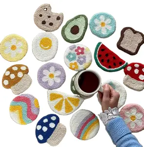 Good quality handcraft wooly tufted mug rug coaster vivid trendy punch needle coasters for kitchen drink table