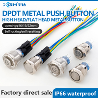 Interrupteur à bouton-poussoir métallique DPDT (Double Pôle Double Jeton), étanche IP66, interrupteur momentané autobloquant/à réinitialisation automatique 16/19/22mm
