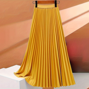 Jupe longue plissée noire élégante à taille haute, simple et décontractée, pour l'été - Product Image 1