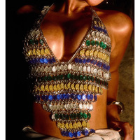 Haut Halter Multicolore 2026 pour Fête, avec Perles de Cristal, Paillettes, Col en V Profond, Strass Scintillants et Chaîne de Corps pour Festival
