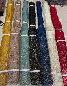 Elegant Hand Embroidered <b>Beaded</b> Net <b>Fabric</b> Jimmy Choo Inspired with Dupatta Ideal for Bridal Dresses and Party Collections - Product Image 1