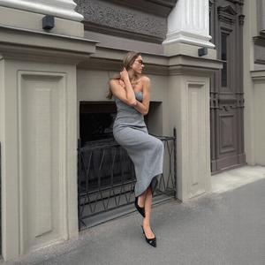 Abito Midi Elegante da Donna in Misto Lana <span class=keywords><strong>Grigio</strong></span> di Alta Qualità, <span class=keywords><strong>Vestito</strong></span> <span class=keywords><strong>Aderente</strong></span> con Scollo all'Americana in Lana Naturale, Formale e Casual, OEM ODM - Product Image 3