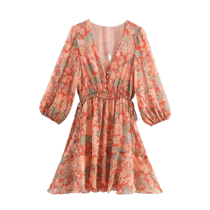 Autumn Vintage Casual Women's Flower Print Buttoned V-neck <b>Lantern</b> Sleeve <b>Mini</b> Dress - Product Image 1