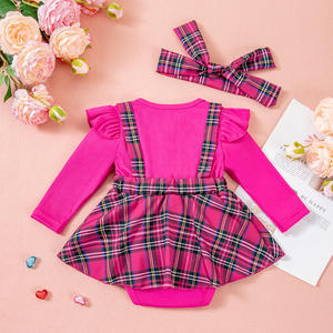 Versión coreana, conjunto de <span class=keywords><strong>ropa</strong></span> de estilo primavera otoño para bebé femenino, bonito lazo a cuadros, costura, pedo, vestido, <span class=keywords><strong>Kit</strong></span> de pelo hecho de punto - Product Image 2