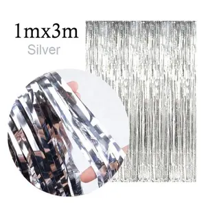 1X3M Silver Metallic Tinsel Foil Fringe Backdrop Curtain For Wedding Christmas Halloween New Year Decoration