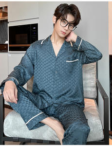 Conjunto de <span class=keywords><strong>Pijamas</strong></span> largos para hombre, primavera Otoño, manga larga, fina, de seda de hielo, de gama alta, Jacquard, talla grande, se puede usar fuera del hogar, traje de ropa - Product Image 6