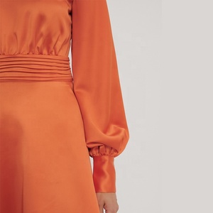 Robe élégante pour femme en satin vintage plissé au niveau du cou et de la taille, manches longues, dos ouvert avec nœud - Product Image 5