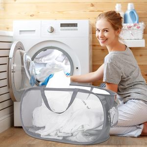 Meilleure vente maille pliable Pop up paniers à <span class=keywords><strong>linge</strong></span> <span class=keywords><strong>salle</strong></span> <span class=keywords><strong>de</strong></span> <span class=keywords><strong>bain</strong></span> empilable vêtements sales organisateur poche latérale poignées Style stockage - Product Image 4