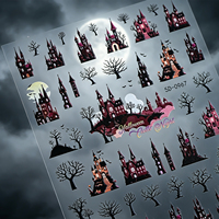 Autocollants 5D en relief pour ongles Halloween : Château, Chauve-souris, Arbre – Décorations auto-adhésives pour manucure Nuit effrayante