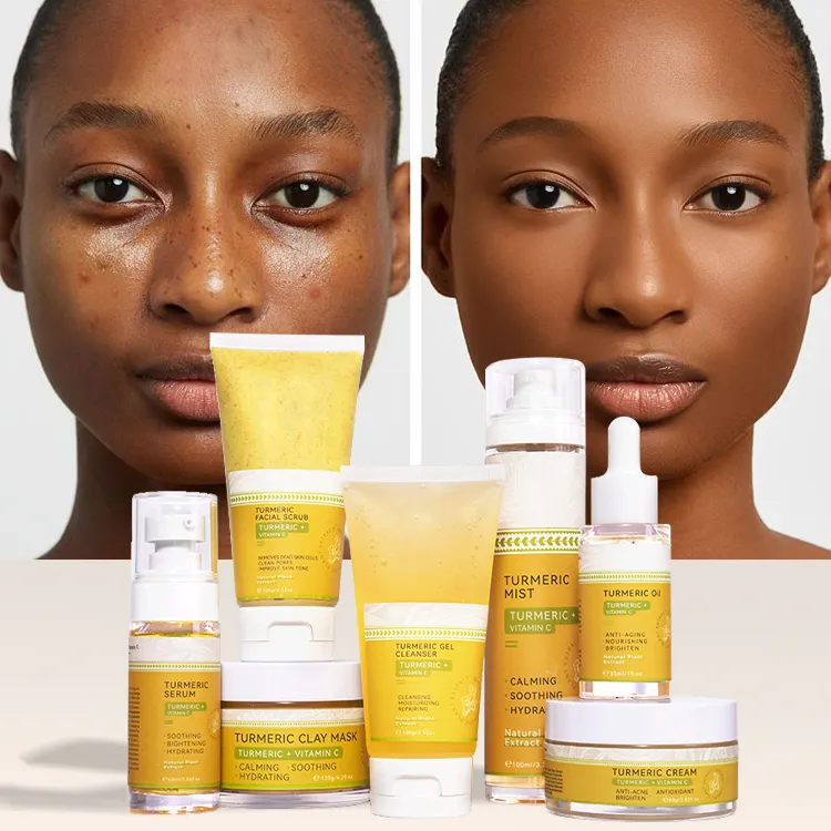 Conjunto de soro para cuidados com a pele com cúrcuma anti-acne, conjunto de 7 peças de soro para clareamento da pele facial com vitamina C de marca própria