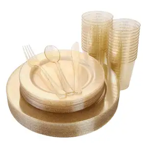 Gold Glitter Plastik teller mit Einweg Besteck, Tassen Geschirr Sets für Hochzeits feiern